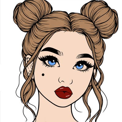 realistic girl with two buns on her hair and lips