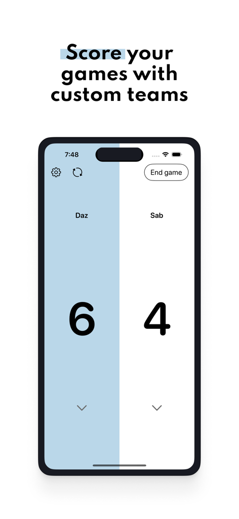 Badminton Score - Track Points - Mobile app interface for tracking badminton scores between two players with a minimalist design