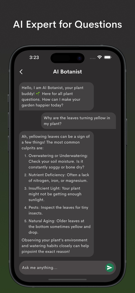 Plantix- Plant Leaf Identifier - AI Botanist chat interface in the Plantix app answering a question about yellow leaves