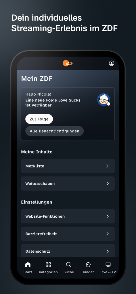 Interfaz de perfil de usuario personalizado de la app de ZDF mostrando notificaciones y configuraciones