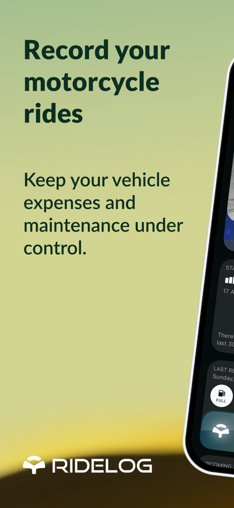Ride Log: Motorcycle Tracker - Interface do aplicativo Ride Log destacando o registro de passeios de motocicleta e o rastreamento de despesas