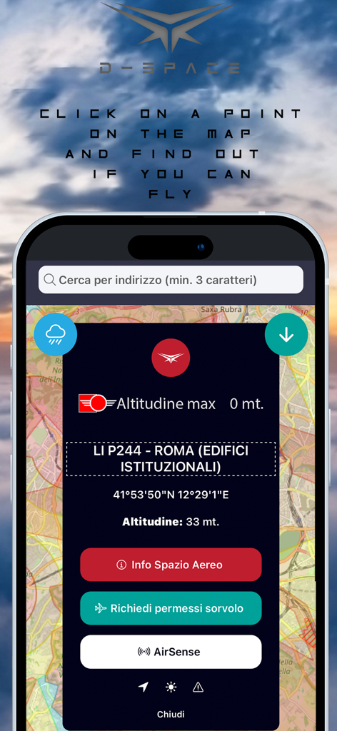 Smartphone screen showing the D-Space app interface with a map of Rome and drone flight authorization details.