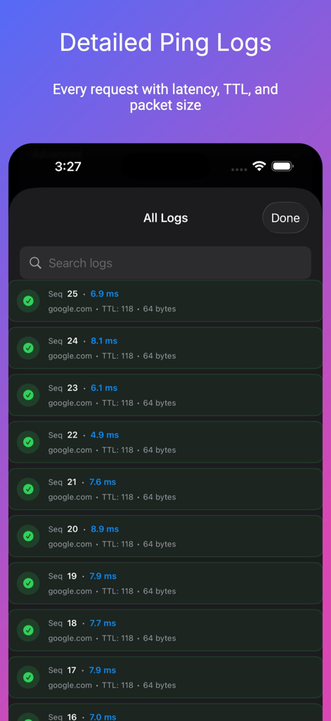 Ping – Network Tools - A list of detailed ping logs showing latency TTL and packet size for each request in a dark mode interface