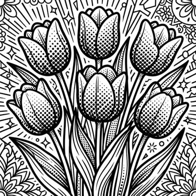 Unleash your inner artist with this striking Pop Art coloring page featuring majestic purple tulips. The design boasts bold outlines and classic halftone patterns, ready for your most vivid color choices.