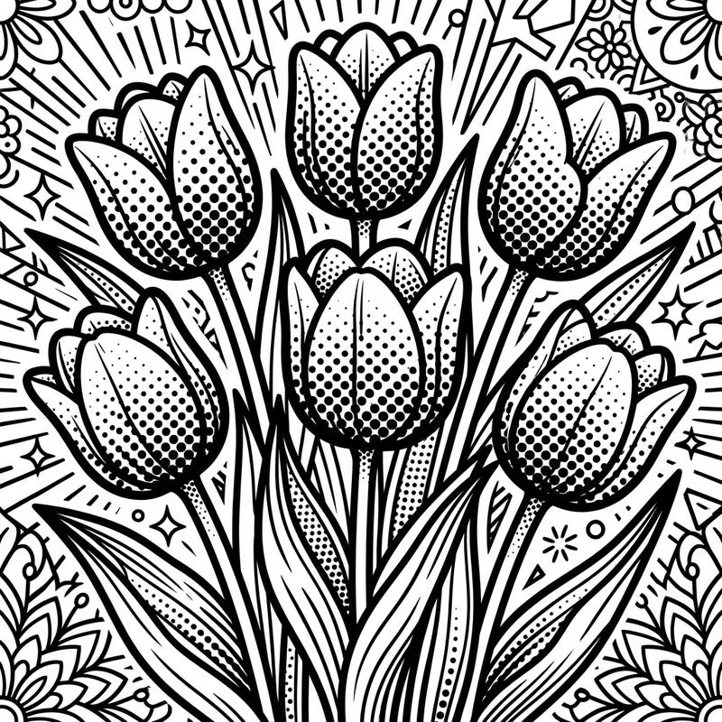 Unleash your inner artist with this striking Pop Art coloring page featuring majestic purple tulips. The design boasts bold outlines and classic halftone patterns, ready for your most vivid color choices.