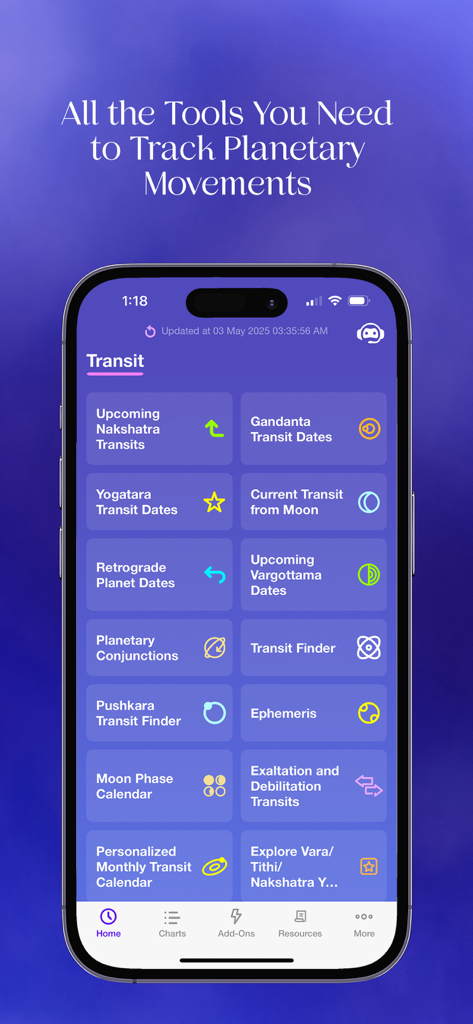 Cosmic Insights Astrology - A mobile app interface displaying a variety of Vedic astrology tools for tracking planetary movements and transits