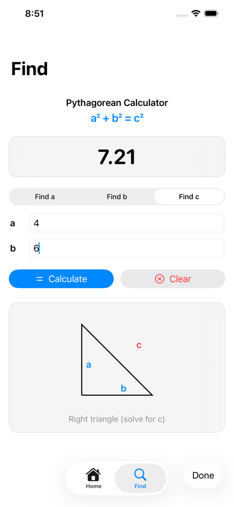 Satz des Pythagoras Rechner App-Oberfläche, die die Berechnung der Hypotenuse eines rechtwinkligen Dreiecks mit einem visuellen Diagramm zeigt
