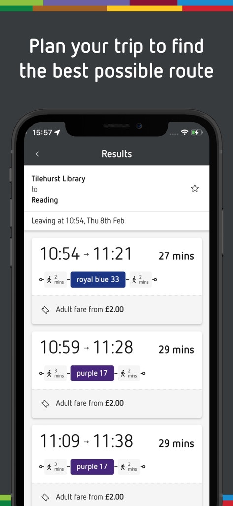 Reading Buses app screen showing journey planning results with bus routes travel times and fare prices