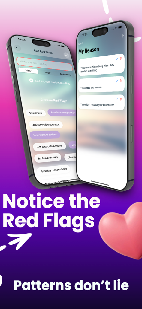 Reclaim : No Contact Journey - Interface of the Reclaim app showing a Red Flags log and reasons to maintain no contact after a breakup.
