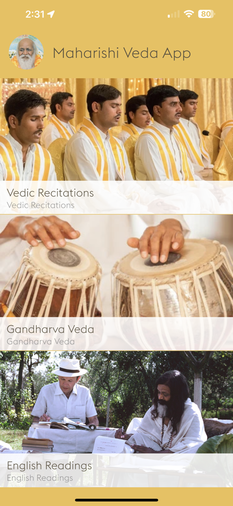 Main screen of Maharishi Veda app showing Vedic Recitations Gandharva Veda and English Readings