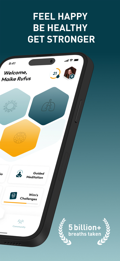 Smartphone screen showing the Wim Hof Method app home page with breathing and meditation exercises
