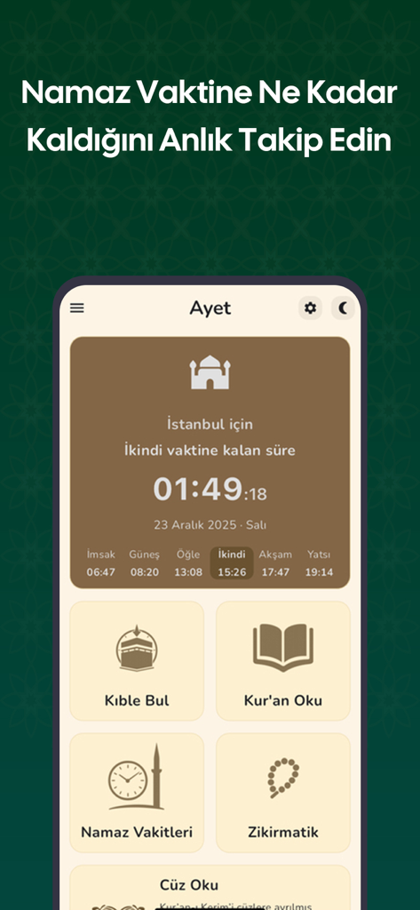 Ayet Online – Kur’an-ı Kerim - Pantalla de inicio de la aplicación Ayet Online mostrando una cuenta regresiva de horarios de oración e iconos de menú para el Corán y el localizador de Qibla