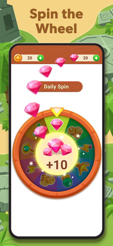 A daily lucky wheel spin in Sudoku Quest showing a reward of ten pink gems