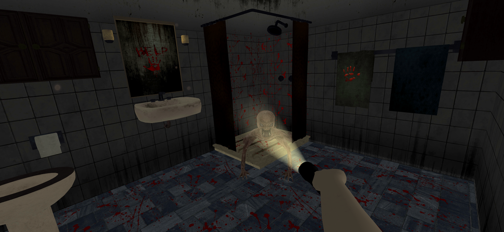 A terrifying monster crawling in a blood splattered bathroom in Haunted Home Escape