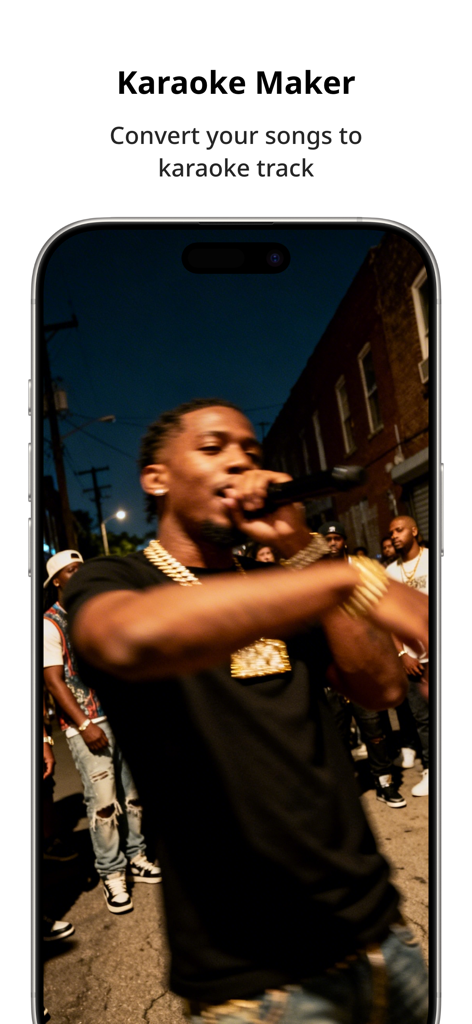 Vocal Remover & Acapella Maker - A mobile app screen featuring the Karaoke Maker tool which converts songs into instrumental tracks for singers.