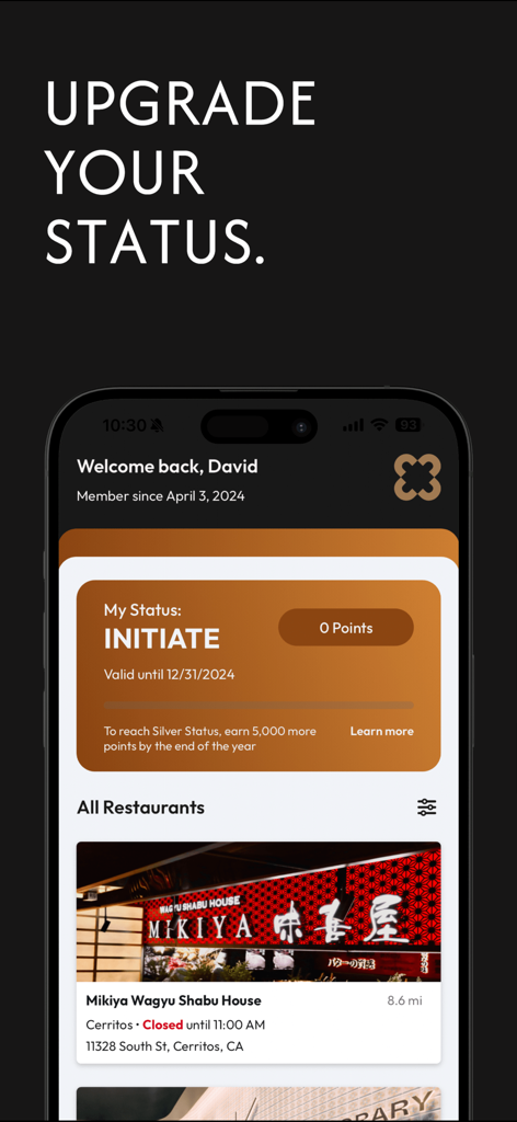 Chubby Club app interface displaying member status level and restaurant recommendations