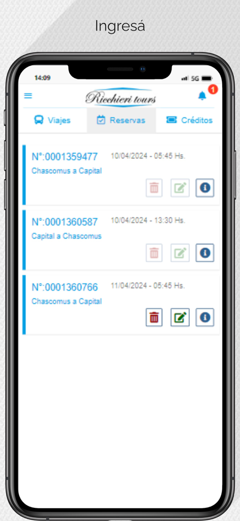 Ricchieri Tours - Interfaz de la aplicación Ricchieri Tours mostrando una lista de reservas de viajes con rutas y horarios