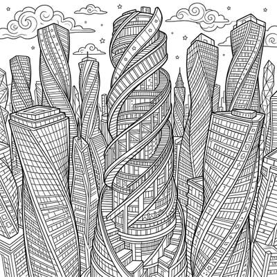 Dive into a dynamic urban world with this captivating coloring page, showcasing magnificent twisted skyscrapers. Unleash your artistic vision on these unique architectural marvels, perfect for a relaxing and engaging coloring session.