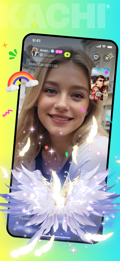 Interfaz de videollamada de la aplicación Kachi con filtros de belleza en tiempo real y perfil de usuario verificado