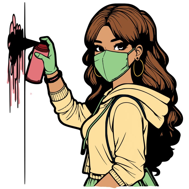 realistic girl with mask spray painting a wall