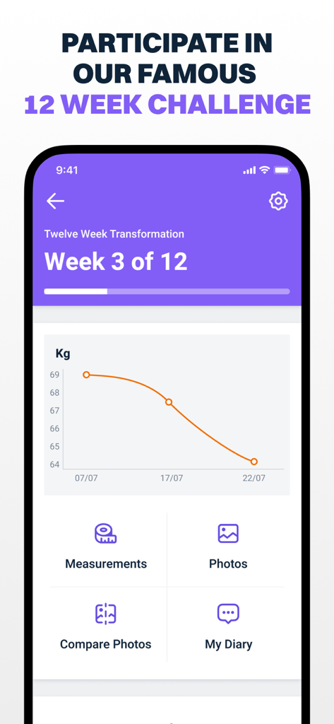 James Smith Academy - James Smith Academy app interface showing a weight loss progress graph and tools for a 12 week transformation challenge