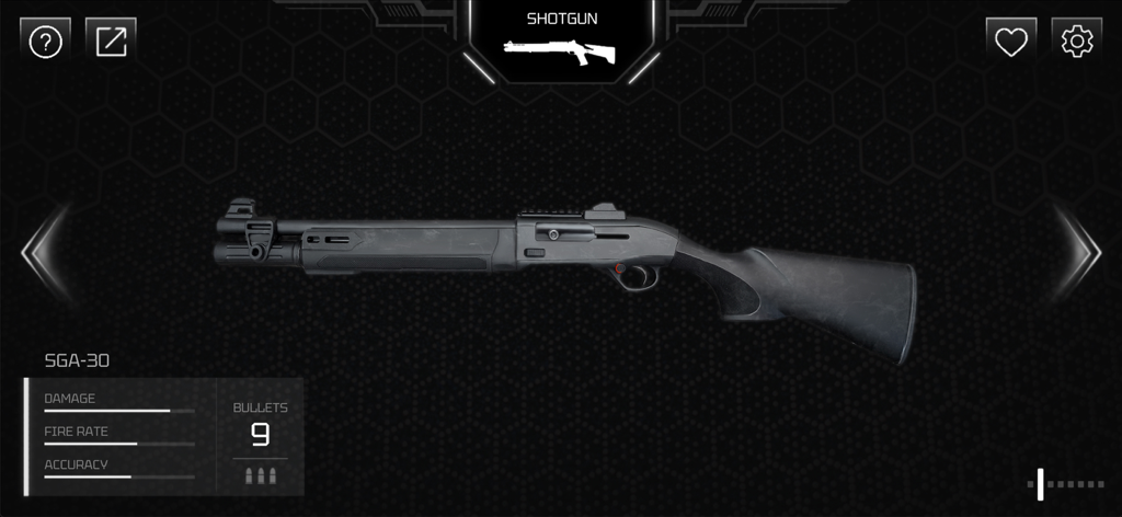 A detailed shotgun interface in the Real Gun app showing weapon statistics for damage fire rate and accuracy