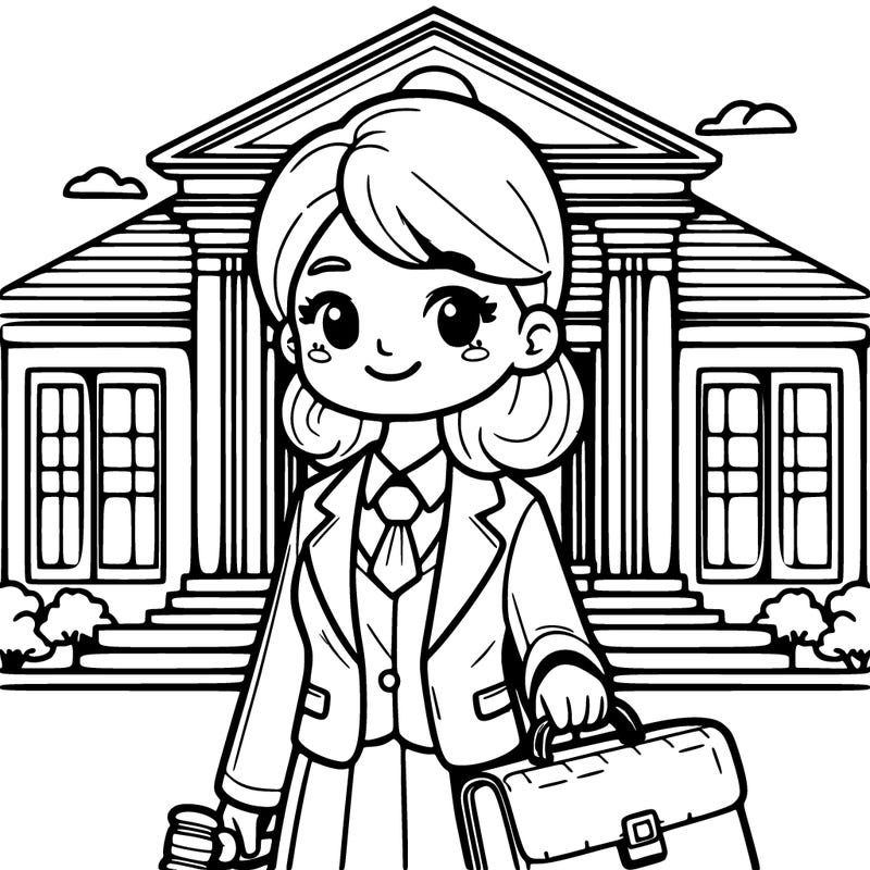 a lawyer stands in front of a courthouse. she has a briefcase in her hand and is smiling.