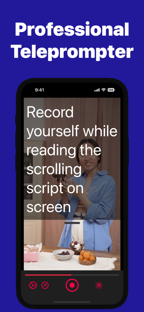 Interfaz de smartphone mostrando una grabación de video con un guion desplazable usando la aplicación profesional de teleprompter