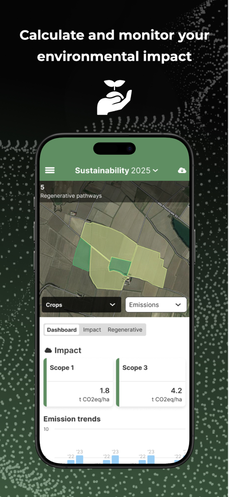 Dashboard di sostenibilità dell'app xFarm che mostra dati sulle emissioni di carbonio e mappatura dei campi.
