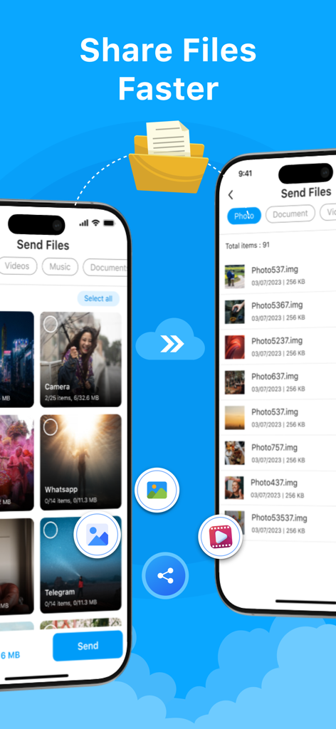 ShareAny: Smart File Sharing - Interfaz de la aplicación ShareAny que muestra el proceso de selección y envío de archivos de fotos y videos