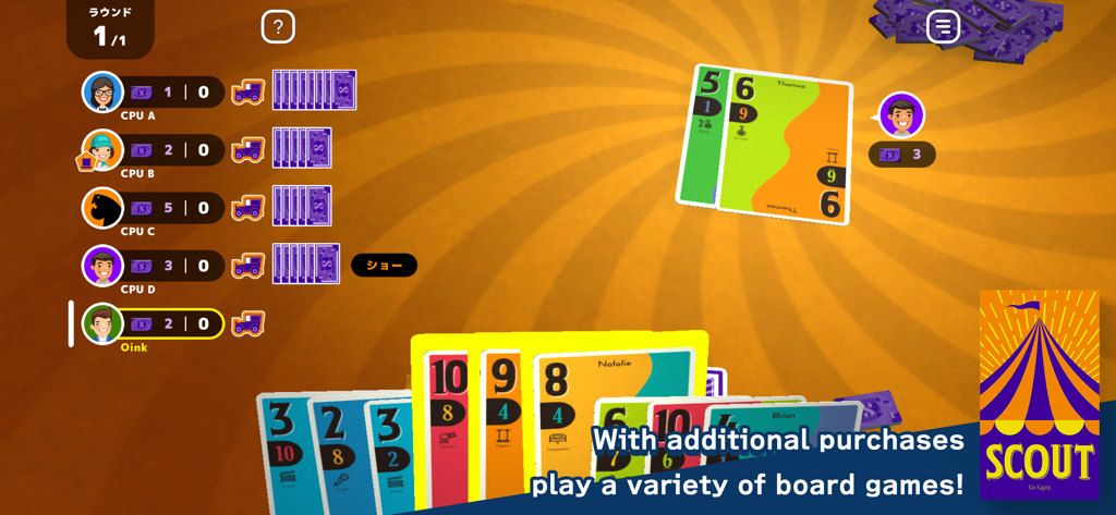 Let's Play! Oink Games - Digital interface of the SCOUT card game within the Let's Play Oink Games app showing colorful numbered cards and player avatars on an orange sunburst background
