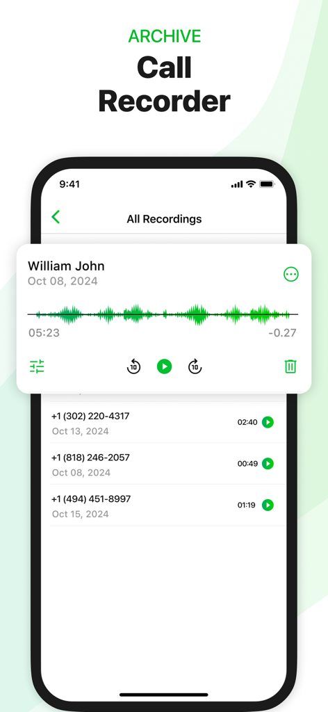 Call Second Phone Number, Text - Pantalla de la aplicación móvil que muestra una lista de llamadas telefónicas grabadas con una forma de onda de reproducción de audio activa