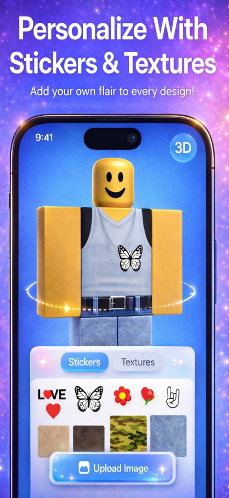 Personalize um avatar Roblox com adesivos e texturas em um editor 3D