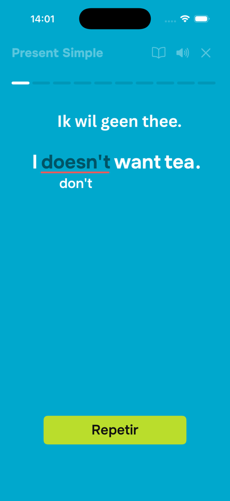English Grammar: Gramaro - Écran de l'application Gramaro montrant une correction de grammaire anglaise pour un exercice au Présent Simple.