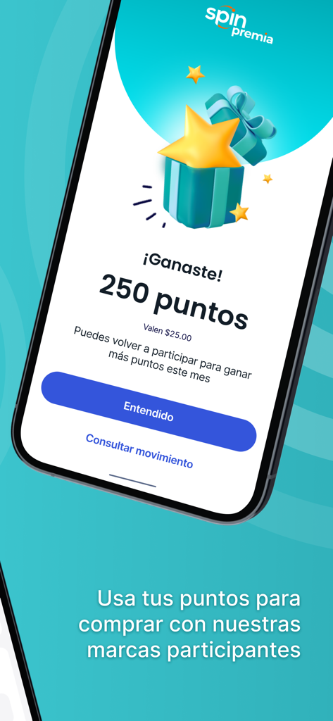 Pantalla de la aplicación Spin Premia que muestra a un usuario ganando 250 puntos de lealtad con un ícono de caja de regalo.