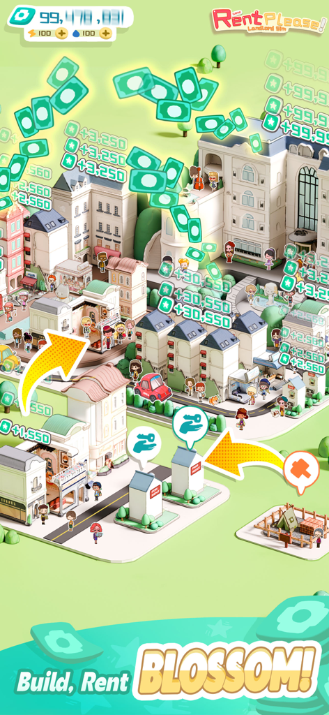 Captura de pantalla del juego Rent Please Landlord Sim que muestra una ciudad de dibujos animados en miniatura con edificios e iconos de dinero