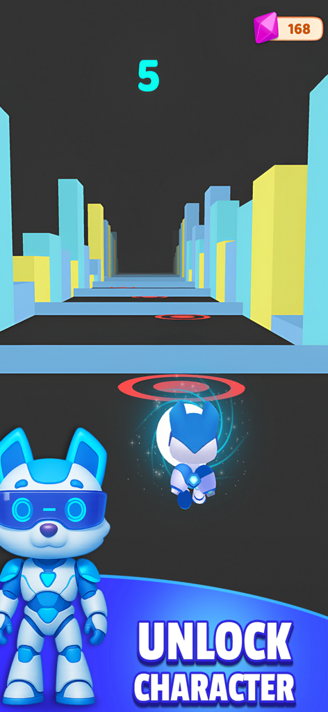 Real Catch Up 3D - Speed Ball - Captura de pantalla del juego Real Catch Up 3D que muestra una skin futurista de robot azul y el texto 'desbloquear personaje'