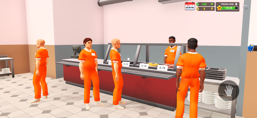 Prison Real Simulator - Inmates in orange jumpsuits lining up at the cafeteria counter