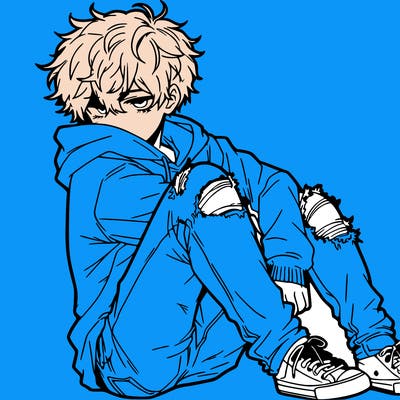 a male hoddie ripped jeans messy hair anime
