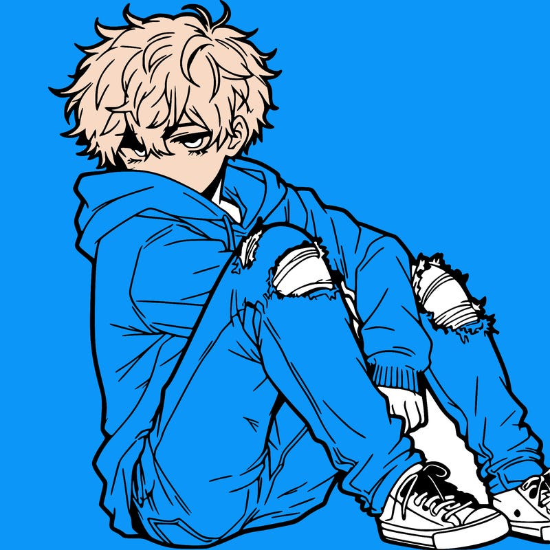 a male hoddie ripped jeans messy hair anime