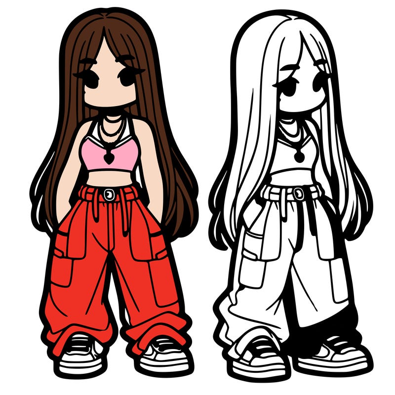 girl in baggy pants crop top and long hair