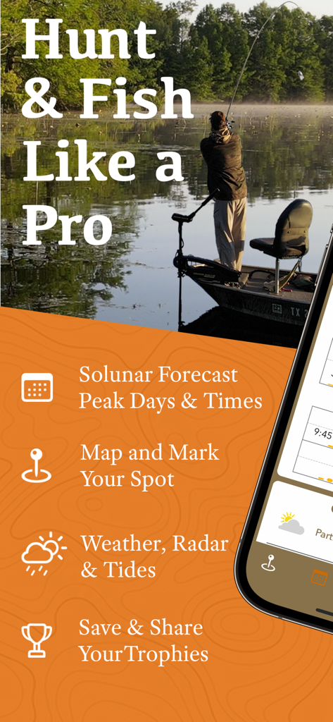 iSolunar™ Hunt & Fish Times - A fisherman on a boat with text highlighting iSolunar app features including solunar forecasts, mapping, and weather.