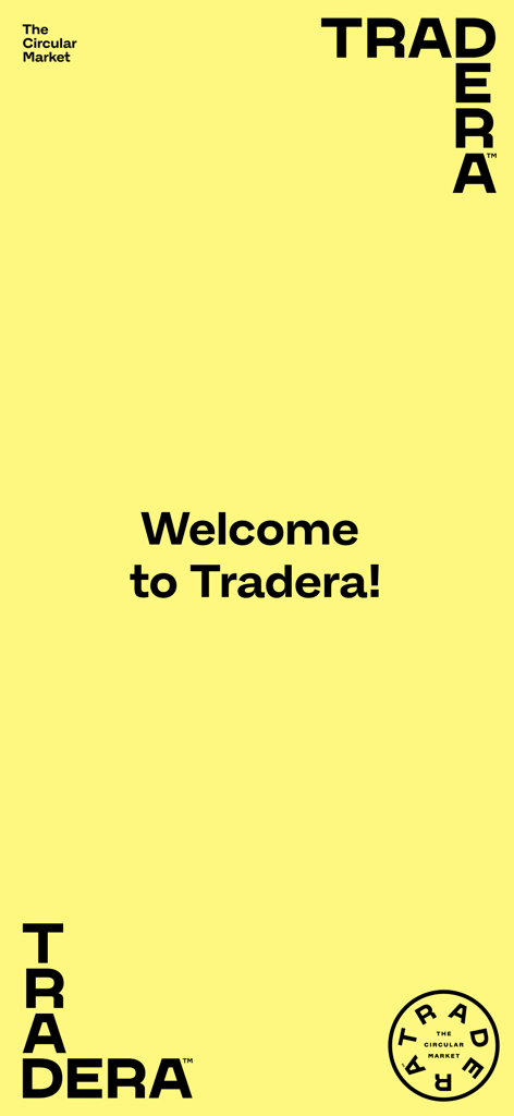 Tradera app welcome screen with circular market branding on a yellow background