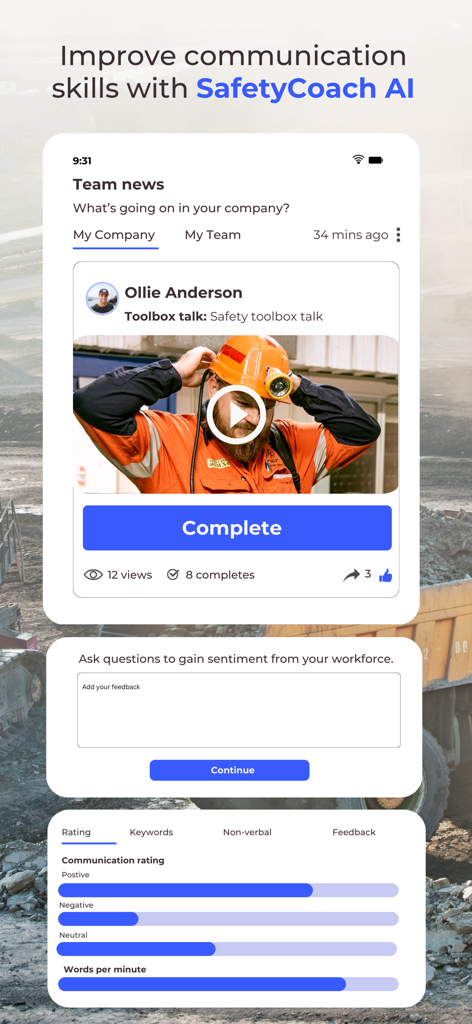 Ringo. - コミュニケーショントレーニングの労働者フィードバックとセンチメント分析のためのSafetyCoach AIツールを表示するRingoアプリインターフェイス