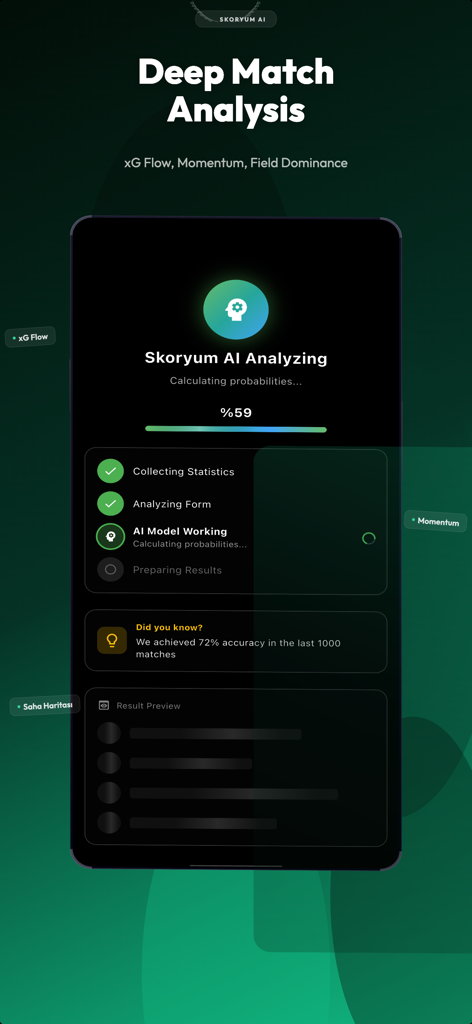Skoryum AI-Football Predict - Skoryum AI app interface showing football match analysis progress and predictive modeling