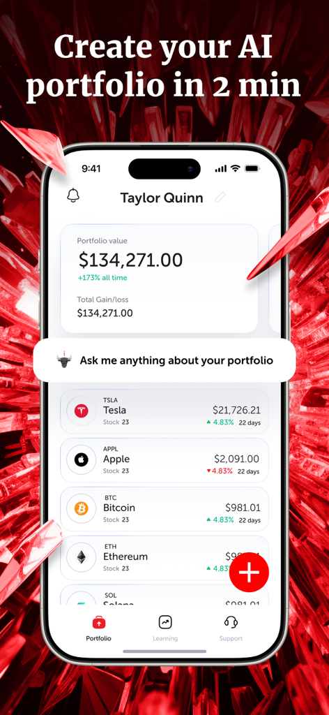 株式と仮想通貨を含む分散投資ポートフォリオを表示するDominant AI投資アドバイザーアプリのダッシュボード