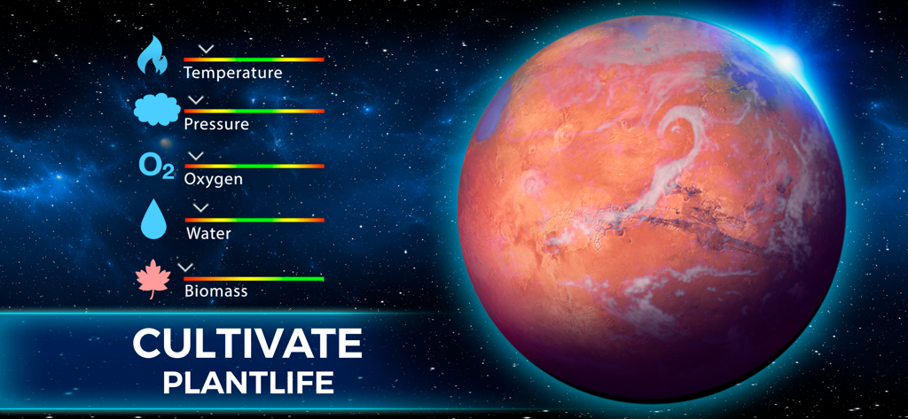 TerraGenesis - Space Settlers - Tela de gameplay do TerraGenesis mostrando métricas planetárias de temperatura, pressão e oxigênio.