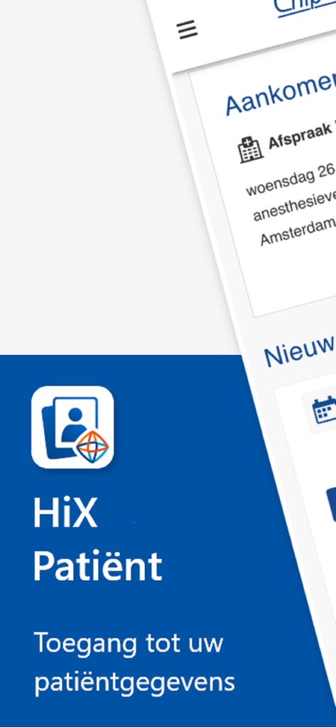 HiX Patiënt - HiX Patient app home screen showing access to patient data and upcoming appointments in Dutch
