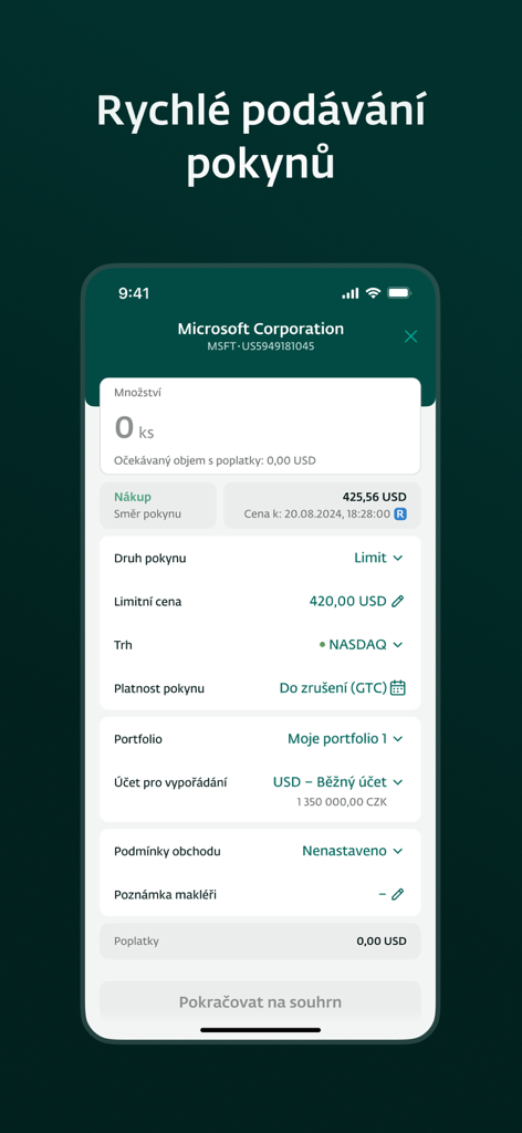 JT Banka mobile app screen showing a stock purchase order for Microsoft on the NASDAQ market