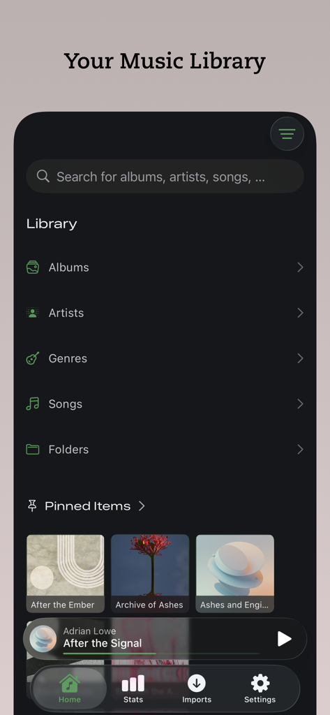 Muziqi - Pro Music Player - La interfaz de la biblioteca de música de la app Muziqi mostrando categorías para álbumes artistas géneros y elementos fijados